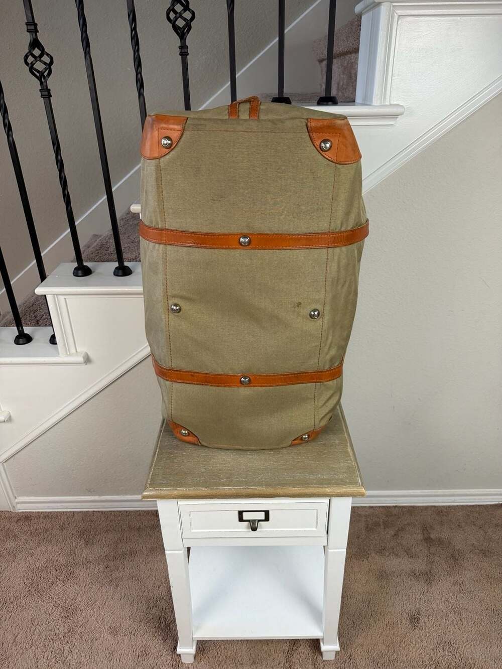 WTW Traveler Duffle Bag Leather-Trim Canvas Tan Weekender Bag - Picture 5 of 8